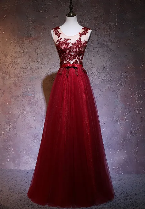 Beautiful Wine Red Tulle Long Party Gowns, Dark Red Applique Floor Length Prom Dress