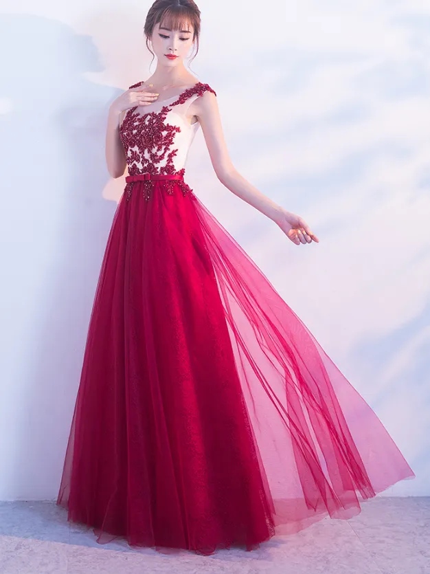 Beautiful Wine Red Tulle Long Party Gowns, Dark Red Applique Floor Length Prom Dress