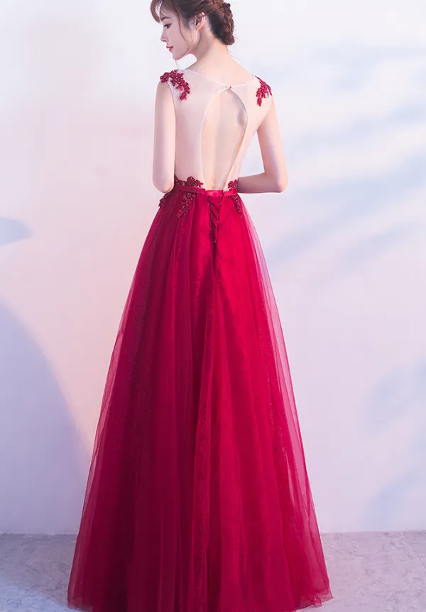 Beautiful Wine Red Tulle Long Party Gowns, Dark Red Applique Floor Length Prom Dress