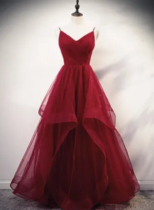 Beautiful Wine Red V-neckline Straps Long Tulle Party Dress, Long New Prom Dresses