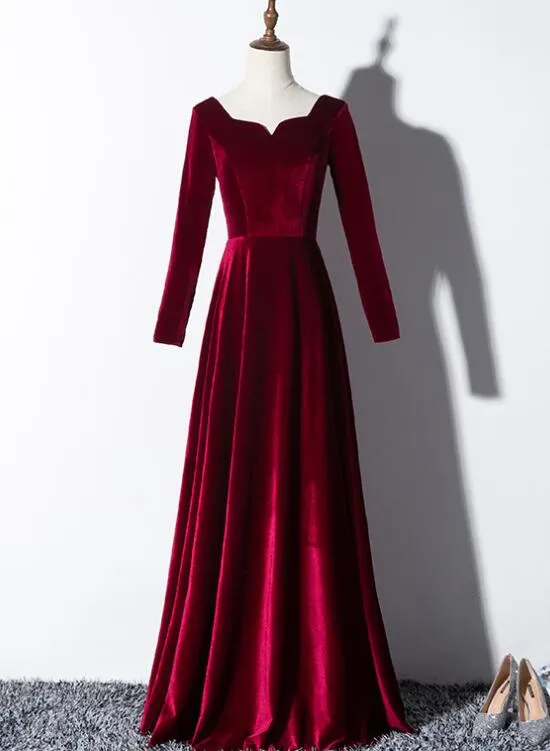 Beautiful Wine Red Velvet Long Sleeves Party Dress, Long Prom Dress