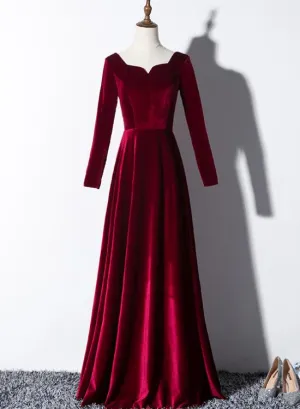 Beautiful Wine Red Velvet Long Sleeves Party Dress, Long Prom Dress