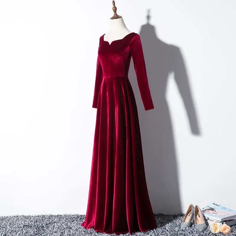 Beautiful Wine Red Velvet Long Sleeves Party Dress, Long Prom Dress