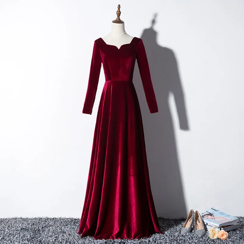 Beautiful Wine Red Velvet Long Sleeves Party Dress, Long Prom Dress