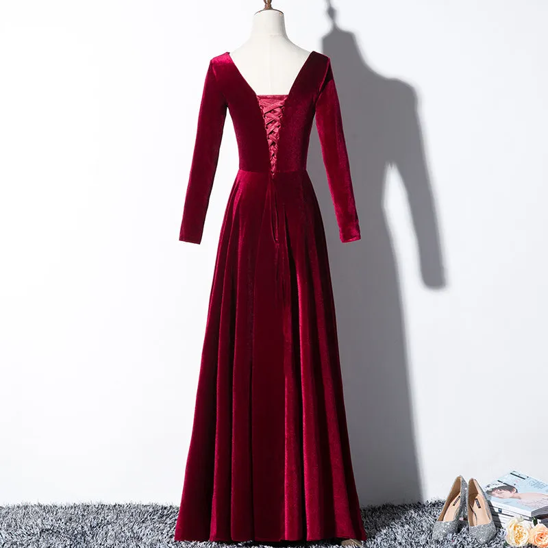 Beautiful Wine Red Velvet Long Sleeves Party Dress, Long Prom Dress