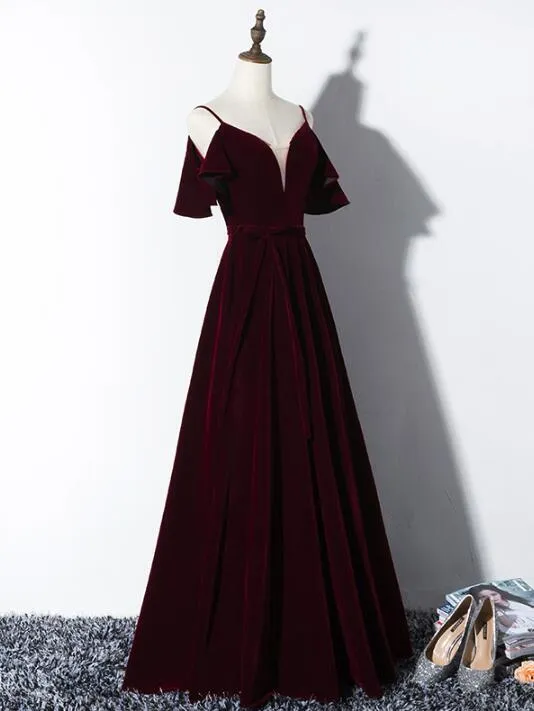 Beautiful Wine Red Velvet Party Dress, Wedding Party Gowns, Prom Dresses