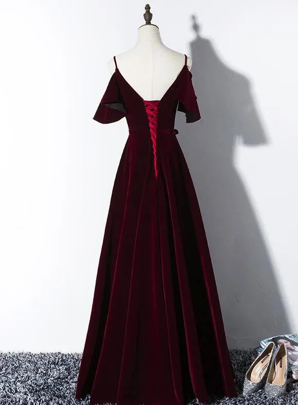 Beautiful Wine Red Velvet Party Dress, Wedding Party Gowns, Prom Dresses