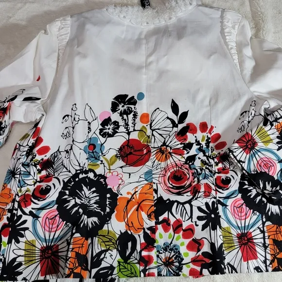 Berek Jacket Womens Large White Flower Pop Stretch Bling Zipper Short Pockets
