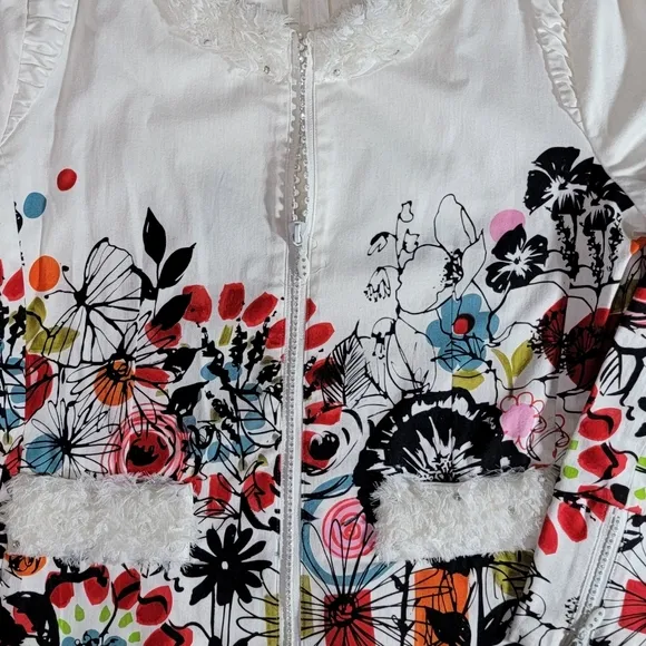 Berek Jacket Womens Large White Flower Pop Stretch Bling Zipper Short Pockets
