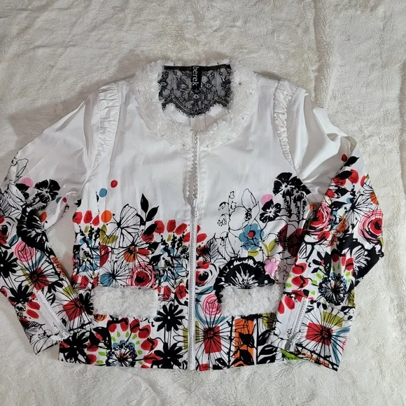 Berek Jacket Womens Large White Flower Pop Stretch Bling Zipper Short Pockets