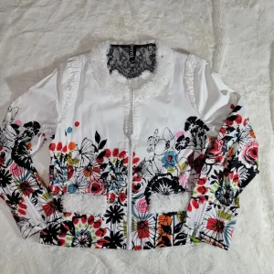 Berek Jacket Womens Large White Flower Pop Stretch Bling Zipper Short Pockets