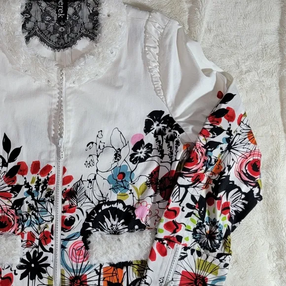 Berek Jacket Womens Large White Flower Pop Stretch Bling Zipper Short Pockets