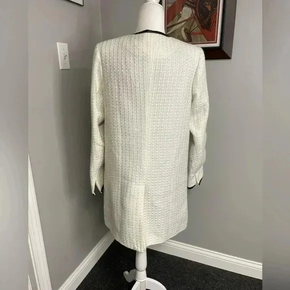 BEREK White Long Line Blazer Jacket Tweed Off White Cream with Black Piping