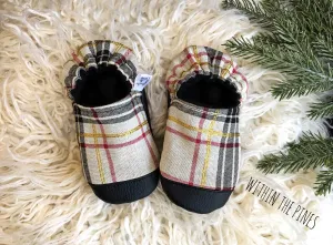 Black & Oatmeal Plaid Glitter Moccs