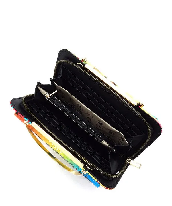 Black and Gold Graffiti Vegan Leather Wallet Clutch