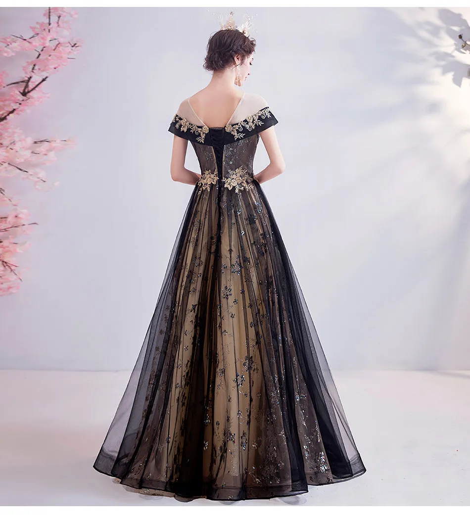 Black and Golden Tulle Long Round Neckline Cap Sleeves Party Dress, Black Formal Dress