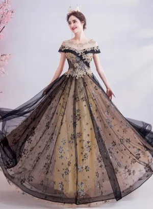 Black and Golden Tulle Long Round Neckline Cap Sleeves Party Dress, Black Formal Dress