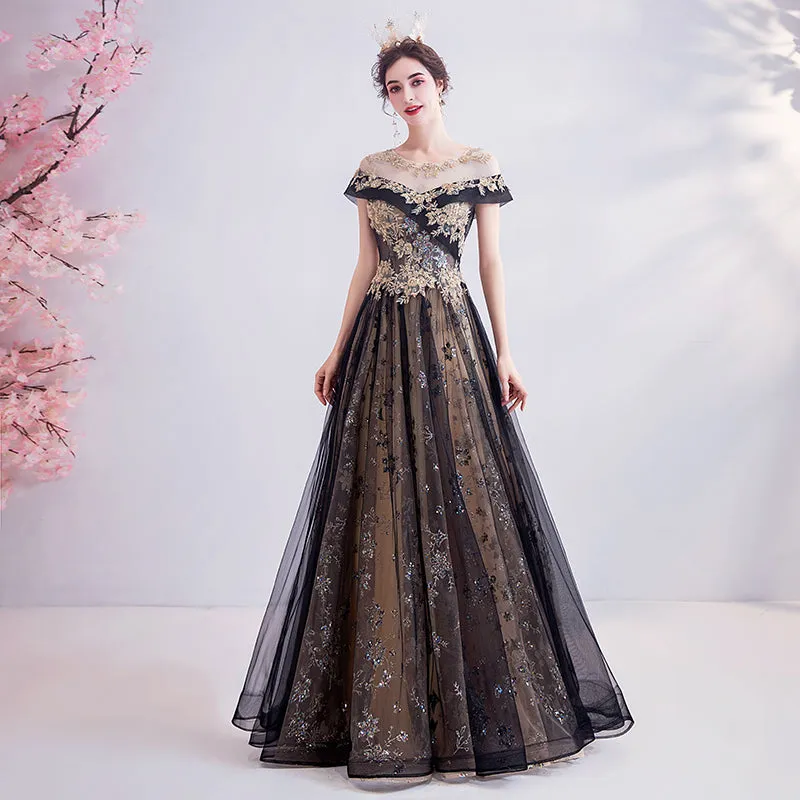 Black and Golden Tulle Long Round Neckline Cap Sleeves Party Dress, Black Formal Dress