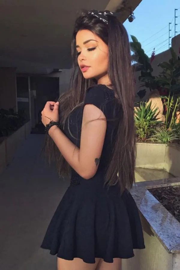 Black Cap Sleeve Sweetheart Lace Appliques Homecoming Dress, Short Prom Dress, MH119