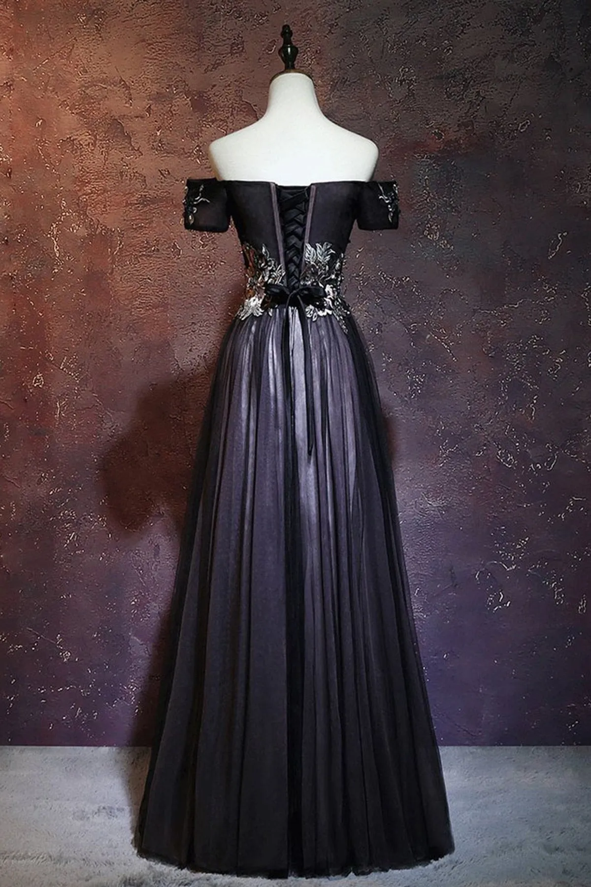 Black Floral Off Shoulder Tulle Long Prom Dress, Evening Party Dress