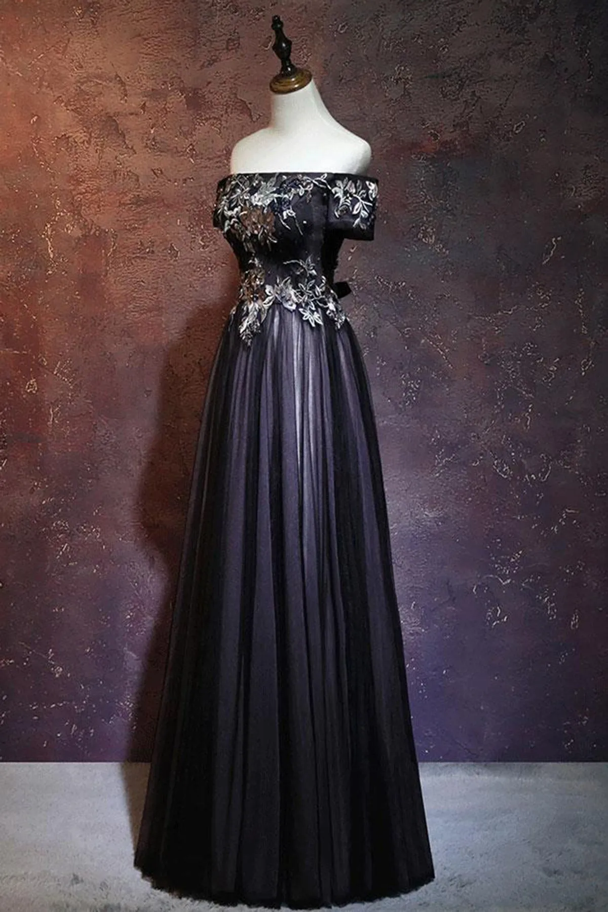 Black Floral Off Shoulder Tulle Long Prom Dress, Evening Party Dress