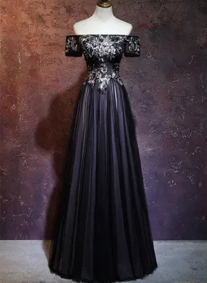 Black Floral Off Shoulder Tulle Long Prom Dress, Evening Party Dress