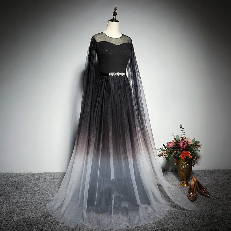 Black Gradient Round Neckline Tulle Long Formal Dress, Black Evening Gown Party Dress