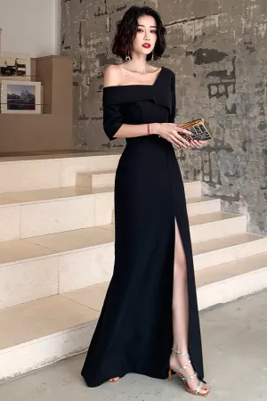 Black One Shoulder Slit Long Evening Dress, Black Formal Dress Prom Dress