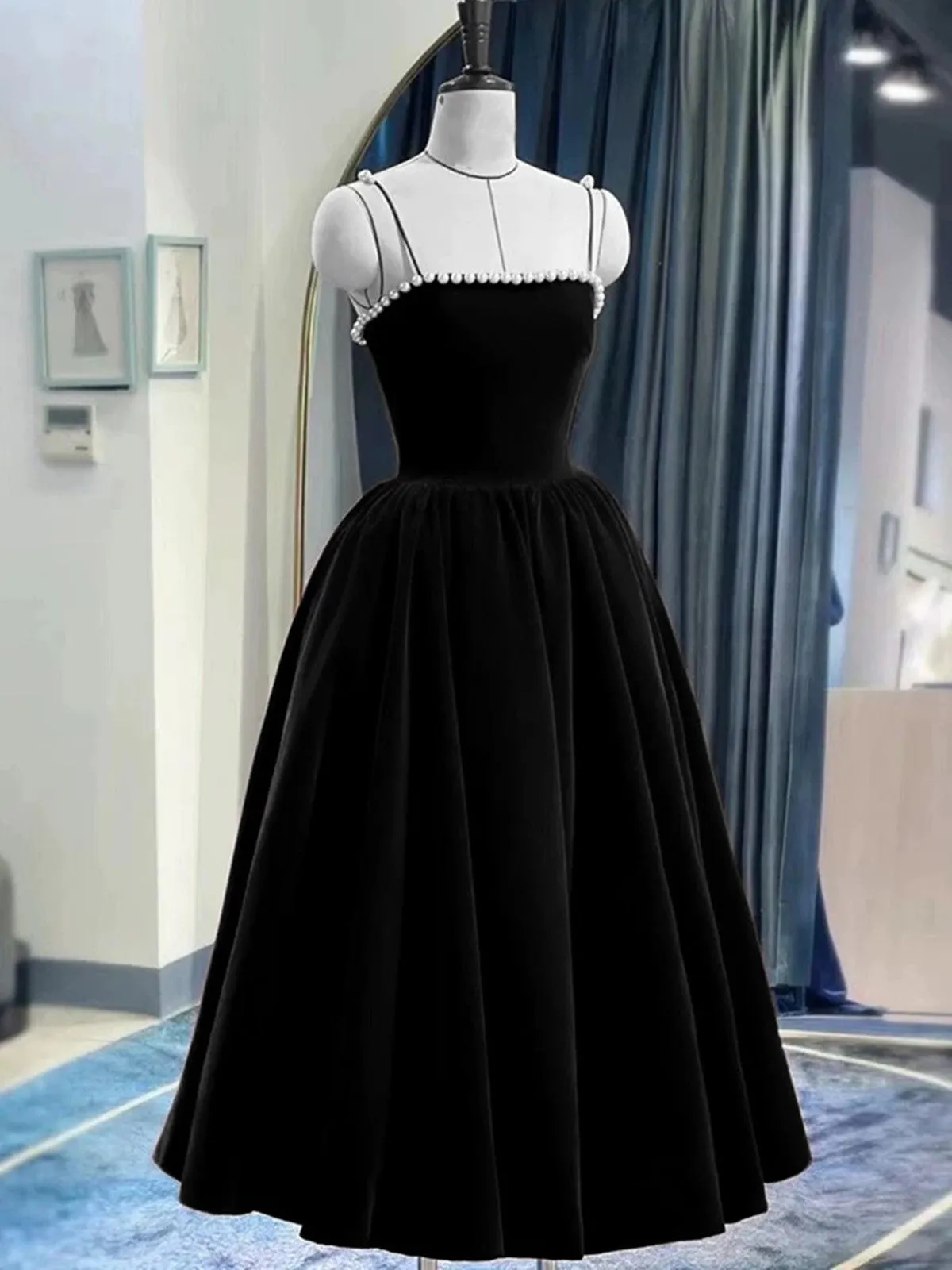 Black Tea Length Velvet Straps Lace-up Formal Dress, Black Velvet Party Dress
