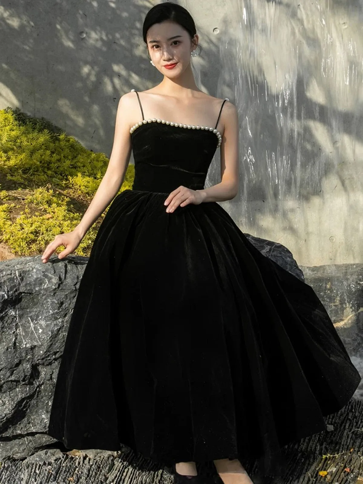 Black Tea Length Velvet Straps Lace-up Formal Dress, Black Velvet Party Dress