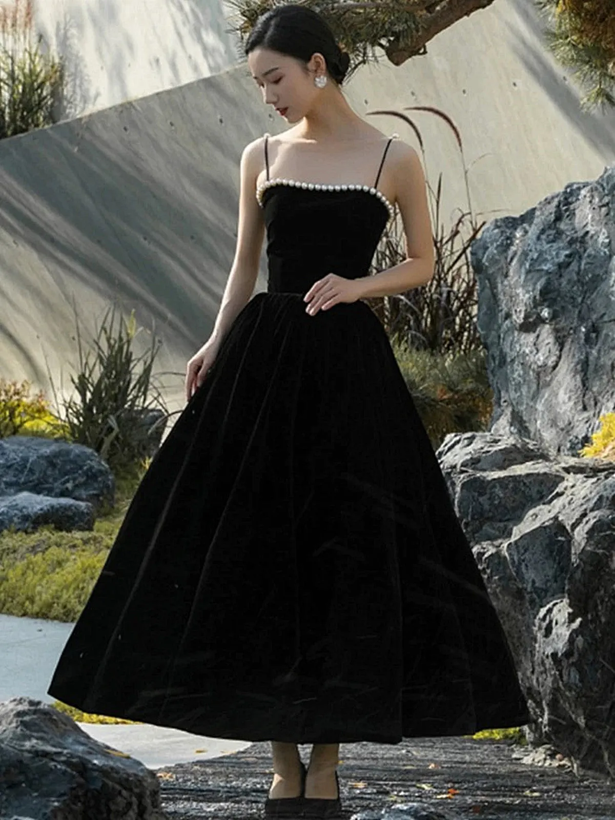 Black Tea Length Velvet Straps Lace-up Formal Dress, Black Velvet Party Dress