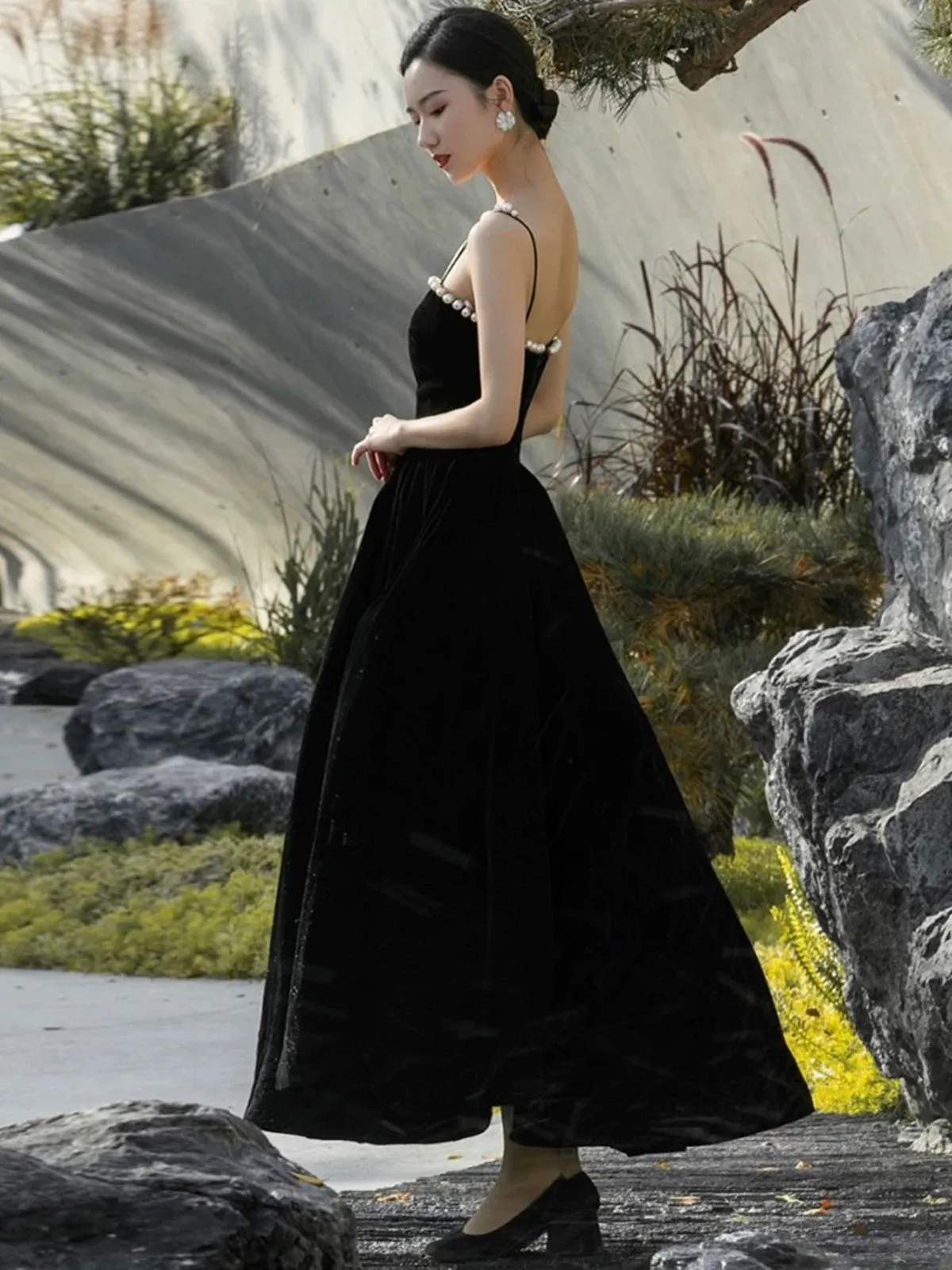 Black Tea Length Velvet Straps Lace-up Formal Dress, Black Velvet Party Dress