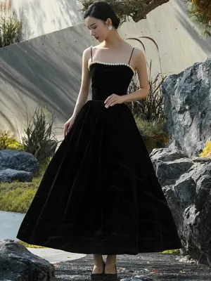 Black Tea Length Velvet Straps Lace-up Formal Dress, Black Velvet Party Dress
