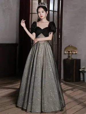 Black Tulle A-line Short Sleeves Sweetheart Party Dress, Black Tulle Prom Dress