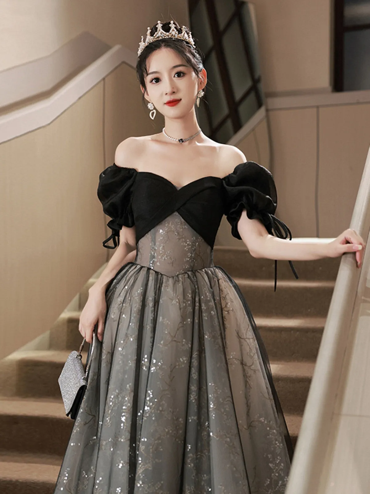 Black Tulle A-line Short Sleeves Sweetheart Party Dress, Black Tulle Prom Dress