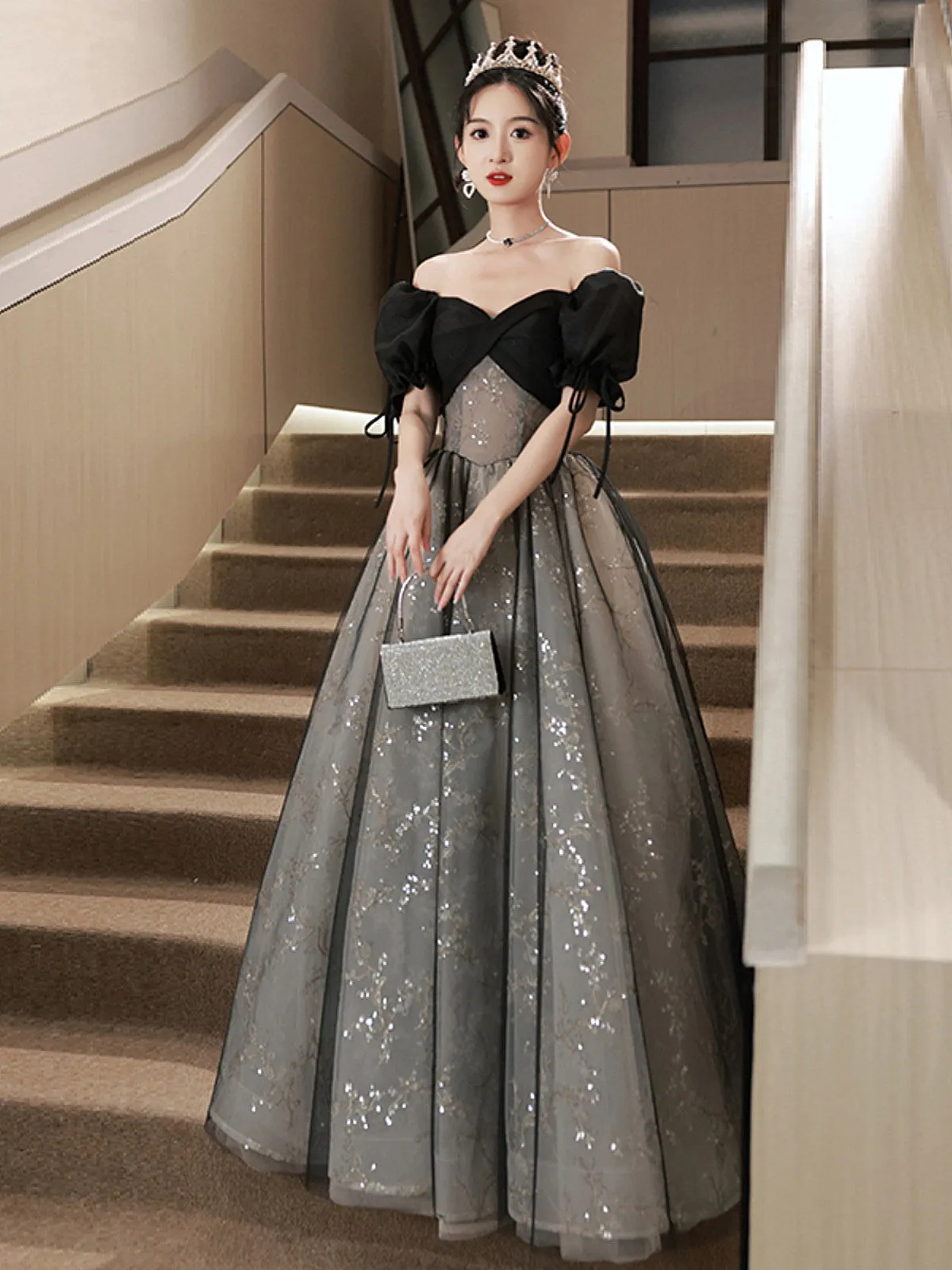 Black Tulle A-line Short Sleeves Sweetheart Party Dress, Black Tulle Prom Dress
