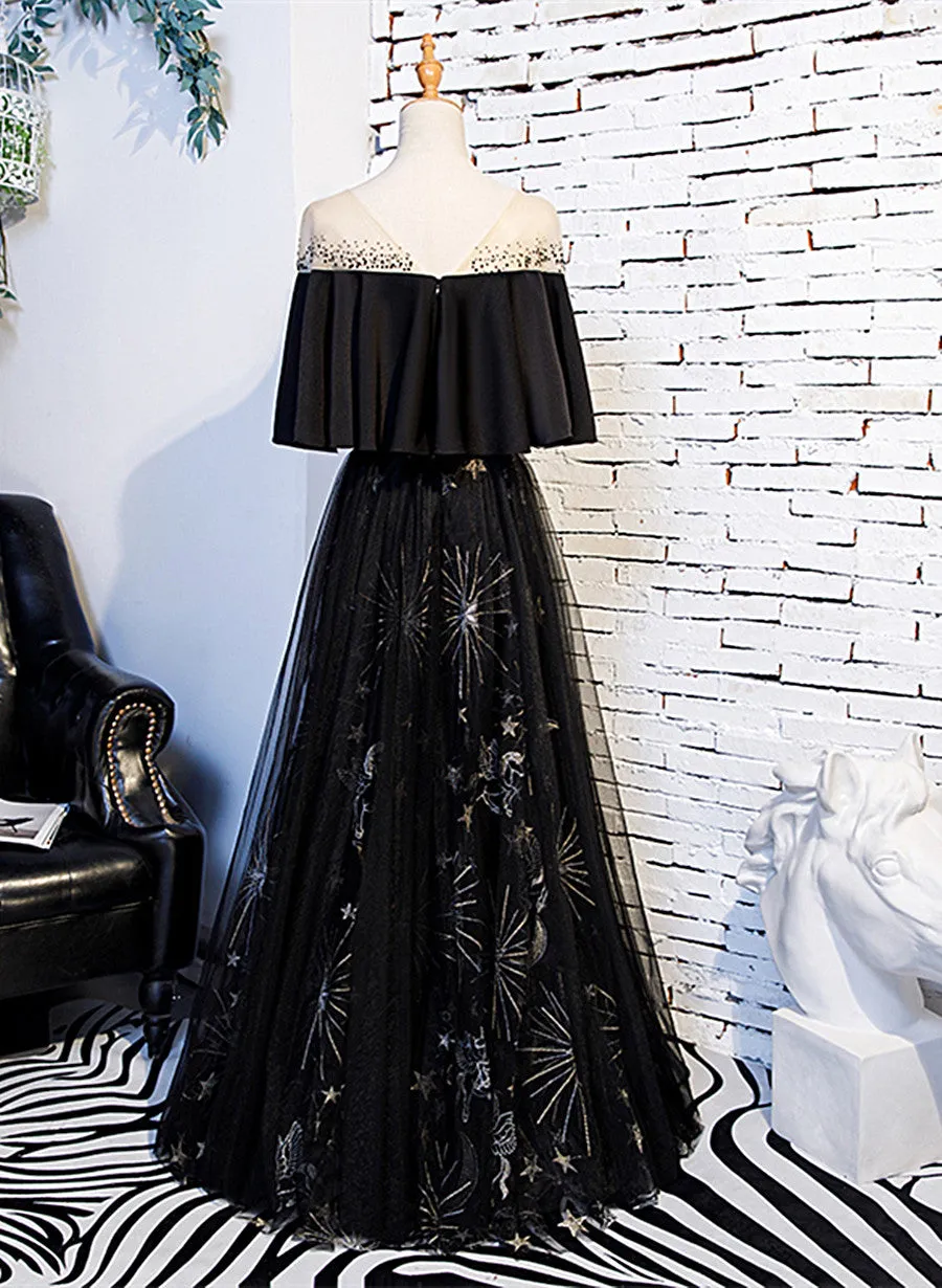 Black Tulle Beaded Long Party Dress, A-line Black Formal Dress Prom Dress