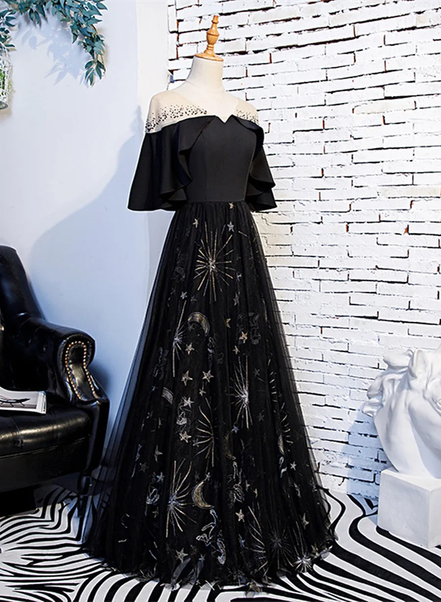 Black Tulle Beaded Long Party Dress, A-line Black Formal Dress Prom Dress