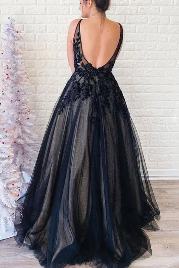 Black V Neck Backless Tulle Prom/Evening Dresses With Applique PSK141