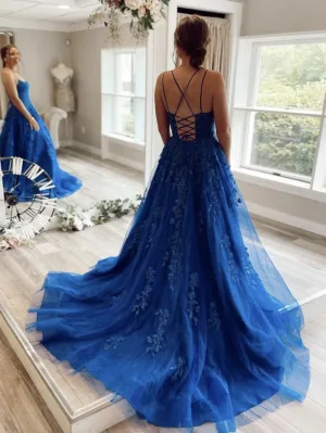 Blue A line tulle lace long prom dress blue lace formal dress