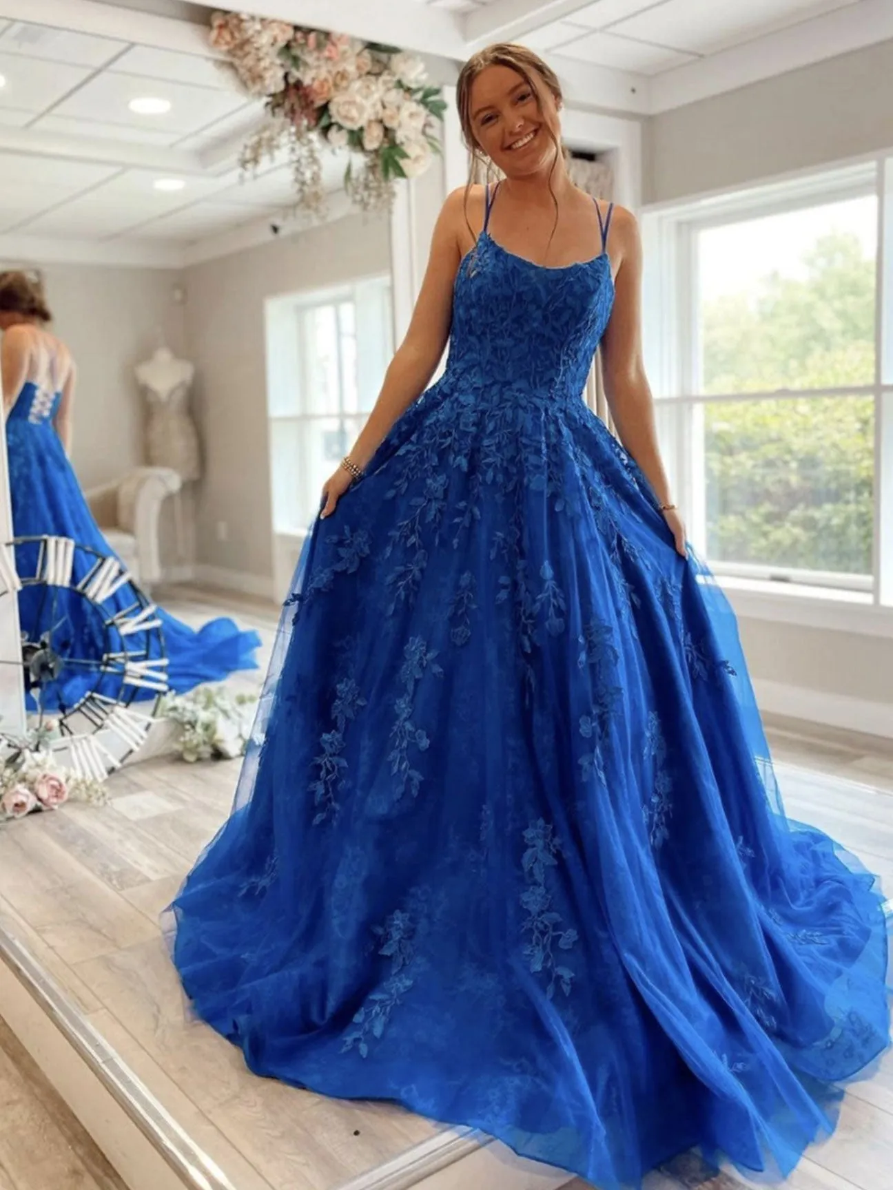 Blue A line tulle lace long prom dress blue lace formal dress