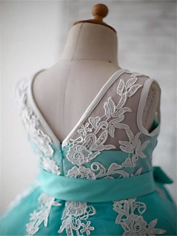 Blue Ball Gown Scoop Sleeveless Bowknot Floor-Length Tulle Appliques Flower Girl Dress OK722