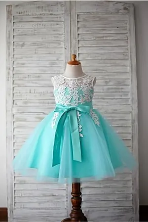 Blue Ball Gown Scoop Sleeveless Bowknot Floor-Length Tulle Appliques Flower Girl Dress OK722
