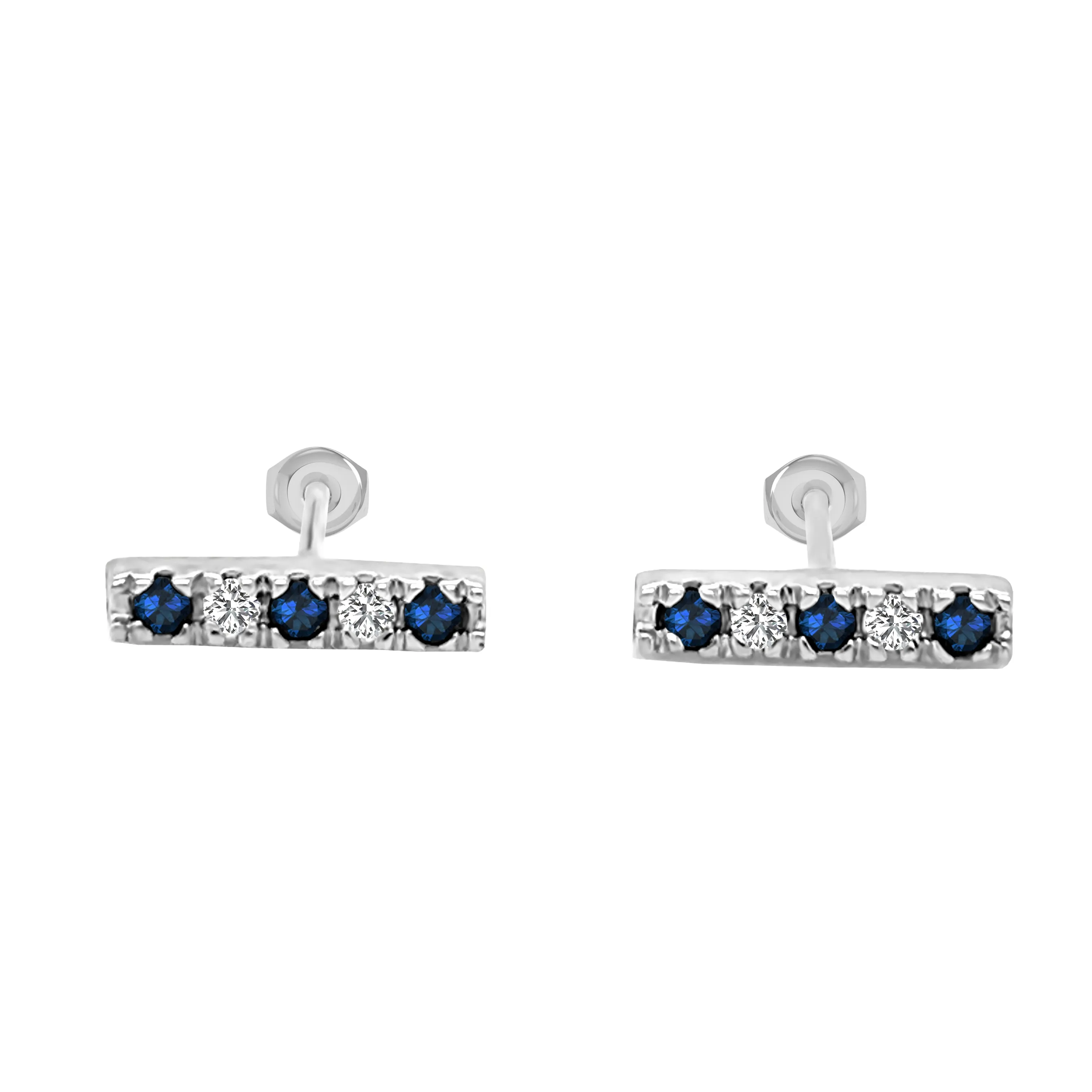 Blue Sapphire & 0.10Ct Diamond Bar Earrings Special in 14K Gold