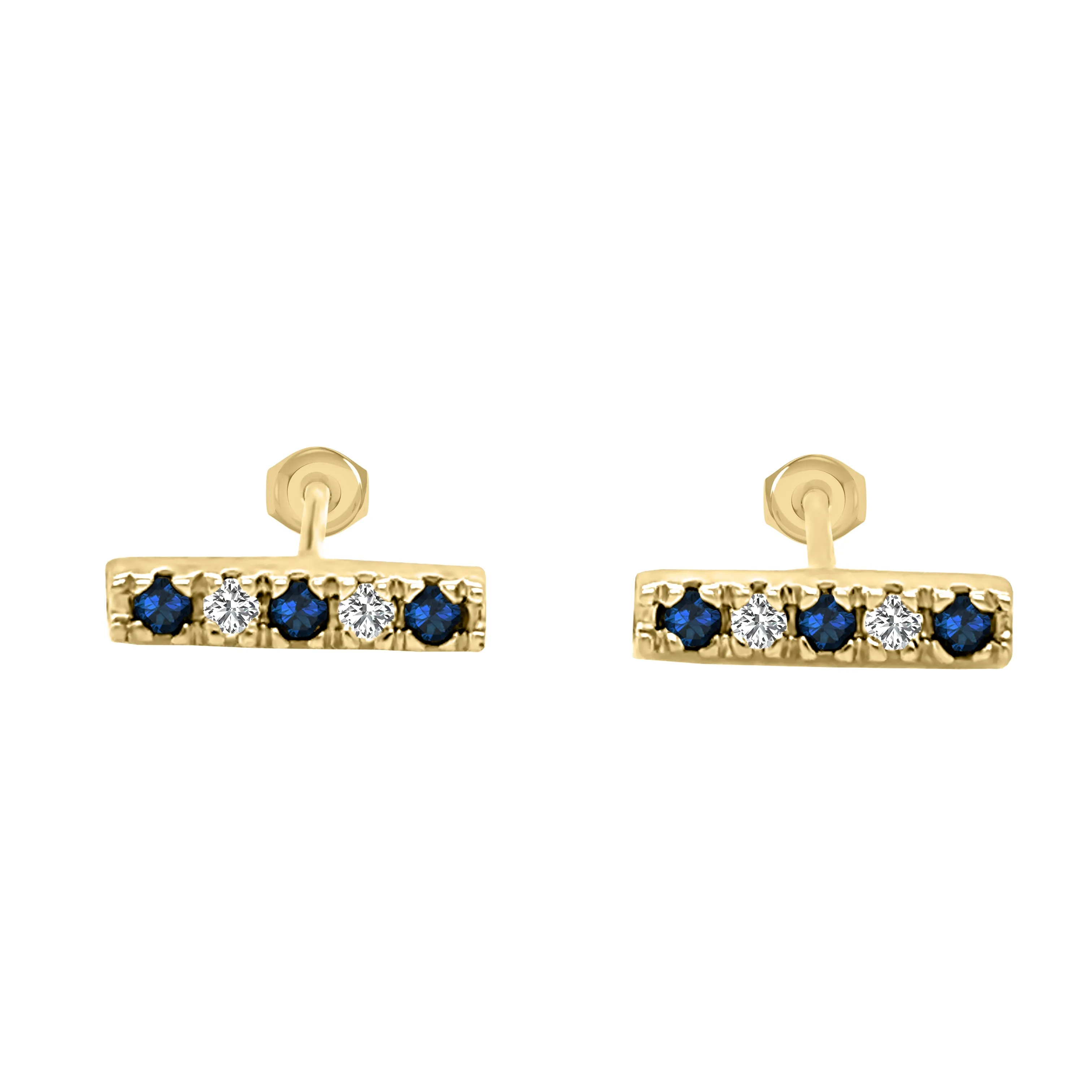 Blue Sapphire & 0.10Ct Diamond Bar Earrings Special in 14K Gold