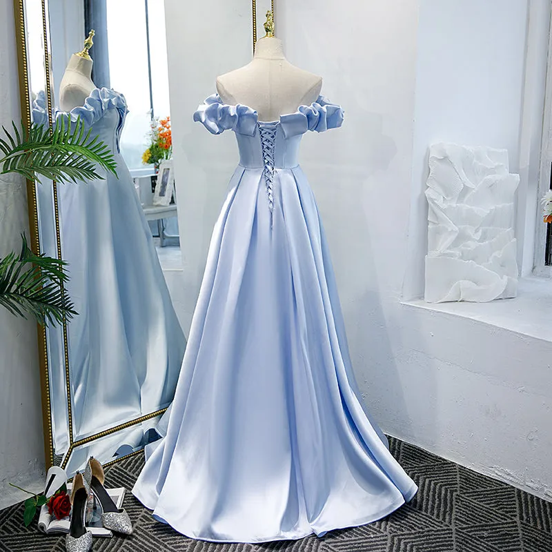 Blue Satin Simple Off Shoulder Long Party Dress 2022, A-line Light Blue Prom Dresses