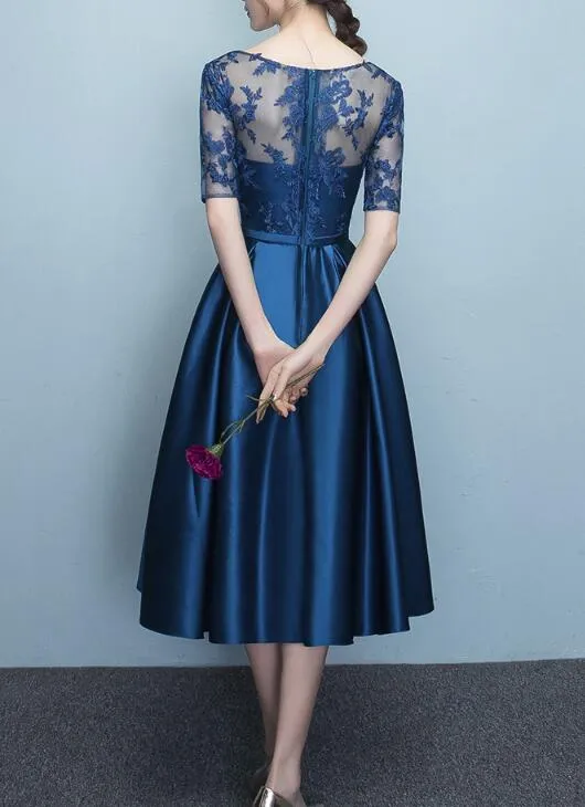 Blue Short Sleeves Tea Length Formal Dress, Blue Bridesmaid Dresses, Wedding Party Dresses