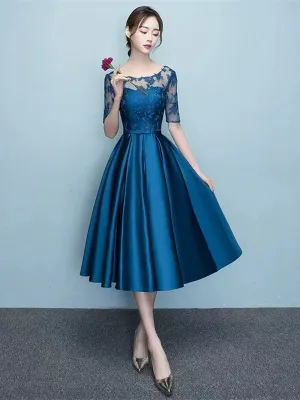 Blue Short Sleeves Tea Length Formal Dress, Blue Bridesmaid Dresses, Wedding Party Dresses