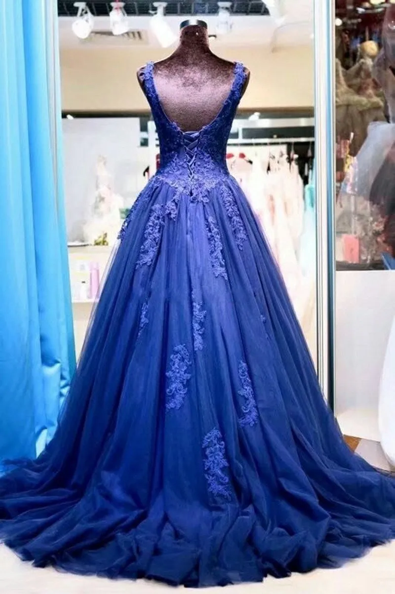 Blue Tulle Long Formal Gown, Blue Prom Dress , Formal Dresses