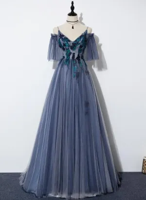 Blue Tulle Straps V-neckline Long Formal Dress, Long Party Dress